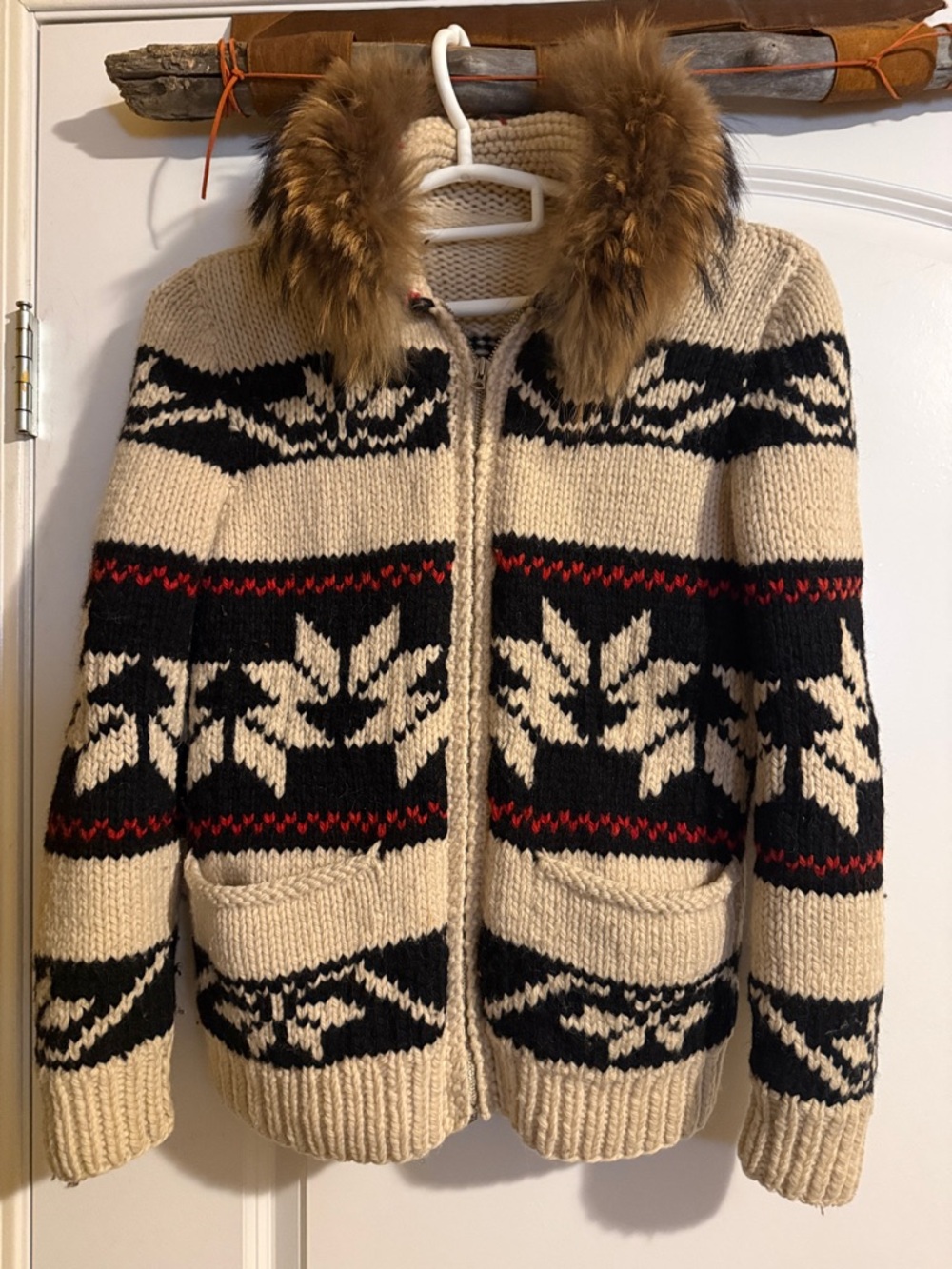 Vintage Handmade, Cowichan Sweater with zipper and Fur Collar, Size S